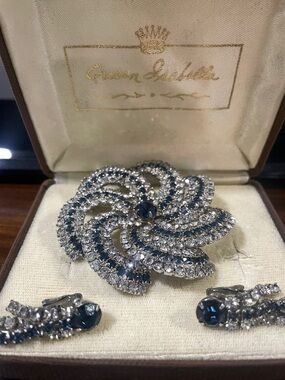 Vintage Blue and Clear Crystal Floral Brooch & Earring Set